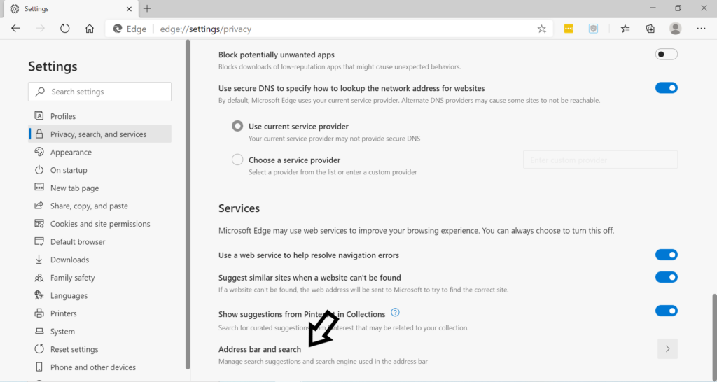 How to change default search engine in Microsoft Edge