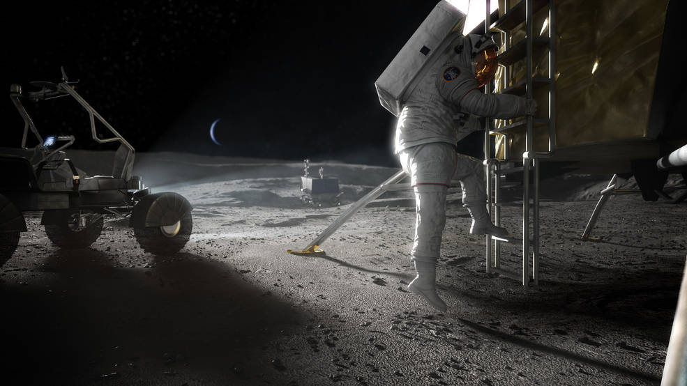 Artist concept of Artemis astronaut stepping onto the Moon. Credits: NASA
