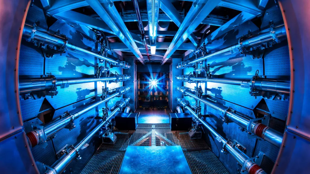 The fusion reactions at the National Ignition Facility world's biggest laser takes place at the heart of the world's most powerful laser system, which consumes about 400 MJ of energy each time it's fired. (Image credit: https://www.livescience.com/Damien Jemison)