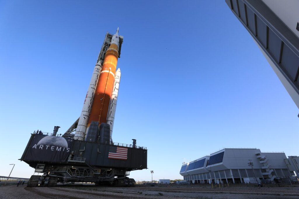NASA’s Space Launch System (SLS) rocket, with the Orion capsule atop, slowly rolls out of the Vehicle Assembly Building at the agency’s Kennedy Space Center in Florida on March 17, 2022, on its journey to Launch Complex 39B. Carried atop the crawler-transporter 2, NASA’s Moon rocket is venturing out to the launch pad for a wet dress rehearsal ahead of the uncrewed Artemis I launch.