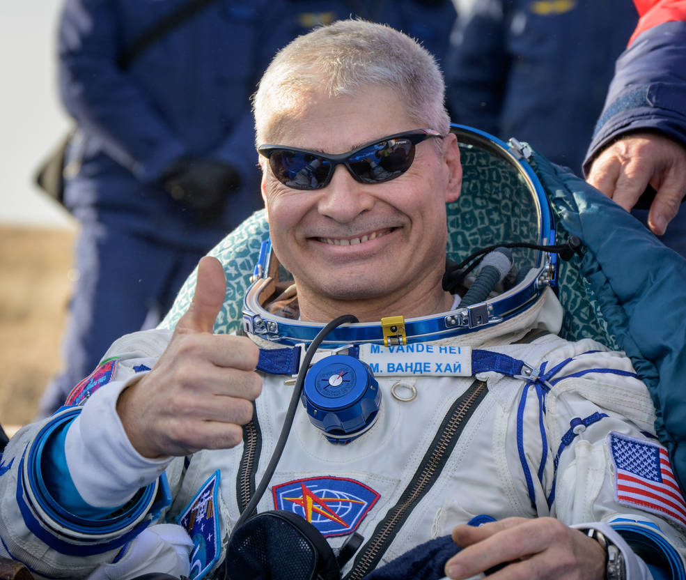 NASA astronaut Mark Vande Hei is seen outside the Soyuz MS-19