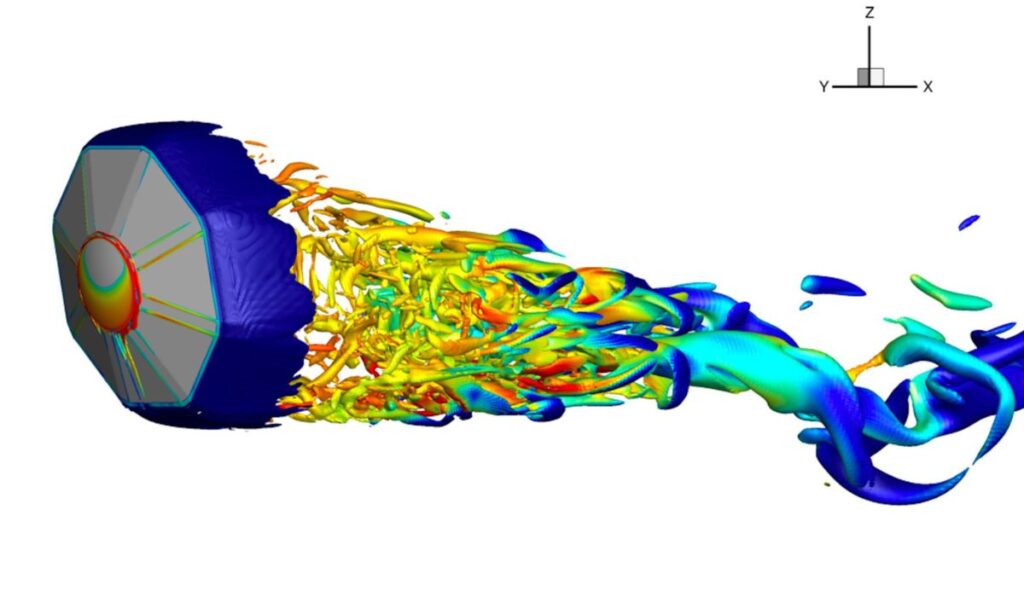 Free-flight simulation of the Adaptable Deployable Entry and Placement Technology vehicle showing Q-criterion, which is a measure of the amount of vorticity in the aerodynamic flow. The iso-contours indicate vortex structure, indicating lower vorticity in blue and higher vorticity in red. NASA/Joseph Brock